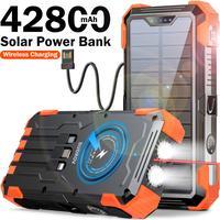 Sudrov 42800 mAh Solar Charger Power Bank Wireless Charger Built in 4 Cables 7 Outputs 15 Watts Fast Charging Power Bank for All Mobile Devices 3 Inputs Solar Portable Charger with Dual Flashlights, Carabiner and Thermometer