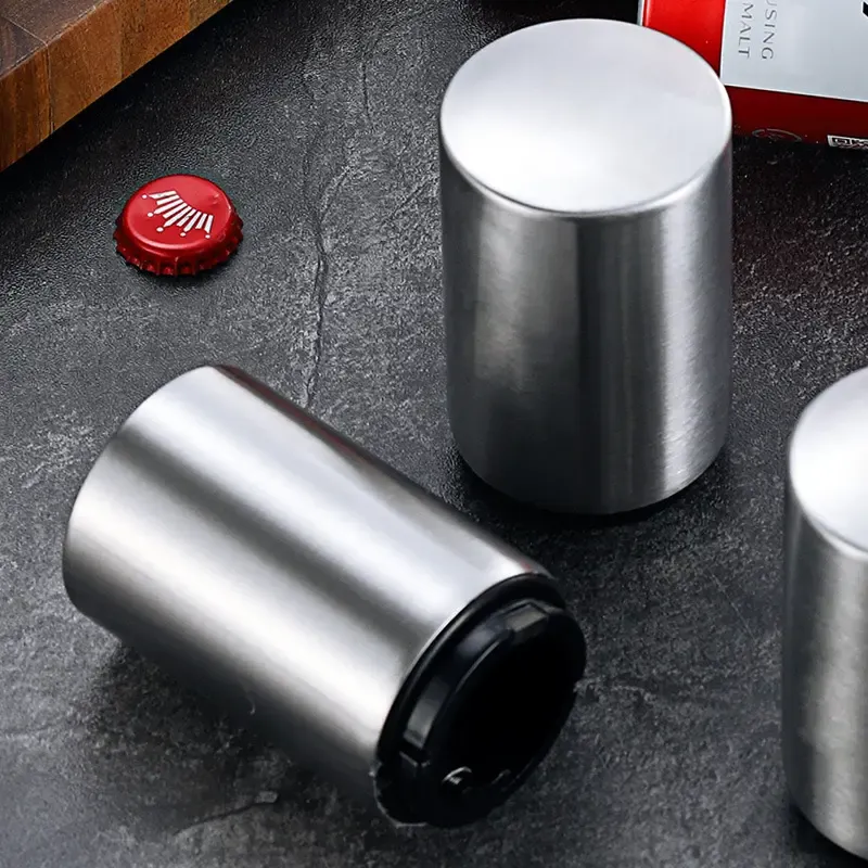 Premium Beer Bottle Opener (Silver), MagneticAutomatic Stainless Steel Push Down Opener, NoCap Can Escape, Quick Open Cap for KitchenHome Bar Restaurant Household Utensils