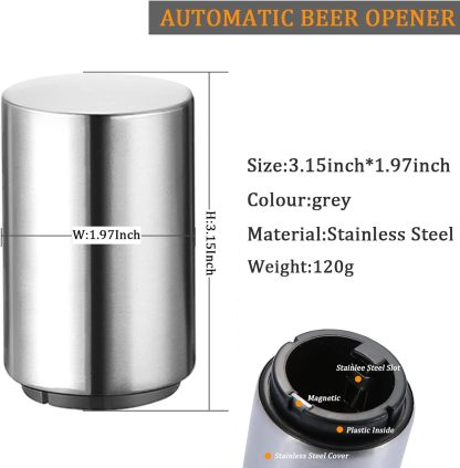 Premium Beer Bottle Opener (Silver), MagneticAutomatic Stainless Steel Push Down Opener, NoCap Can Escape, Quick Open Cap for KitchenHome Bar Restaurant Household Utensils