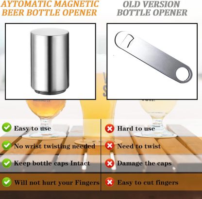 Premium Beer Bottle Opener (Silver), MagneticAutomatic Stainless Steel Push Down Opener, NoCap Can Escape, Quick Open Cap for KitchenHome Bar Restaurant Household Utensils