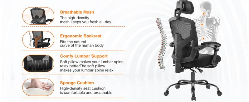 Sweet Furniture Ergonomic Office Chair with Foot Rest and Adjustable Headrest, Mesh Swivel Rolling Task Chair, Height Adjustable, Office Gifts
