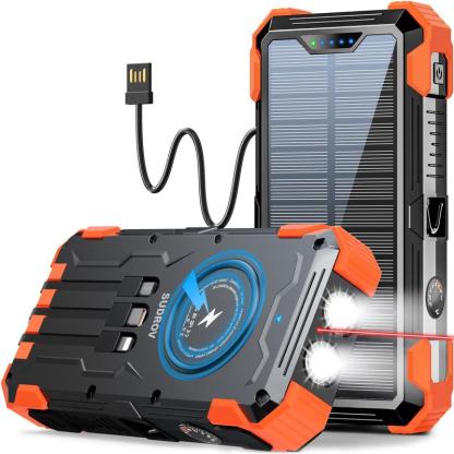 Sudrov 42800 mAh Solar Charger Power Bank Wireless Charger Built in 4 Cables 7 Outputs 15 Watts Fast Charging Power Bank for All Mobile Devices 3 Inputs Solar Portable Charger with Dual Flashlights, Carabiner and Thermometer