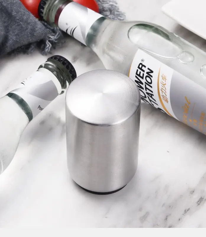 Premium Beer Bottle Opener (Silver), MagneticAutomatic Stainless Steel Push Down Opener, NoCap Can Escape, Quick Open Cap for KitchenHome Bar Restaurant Household Utensils