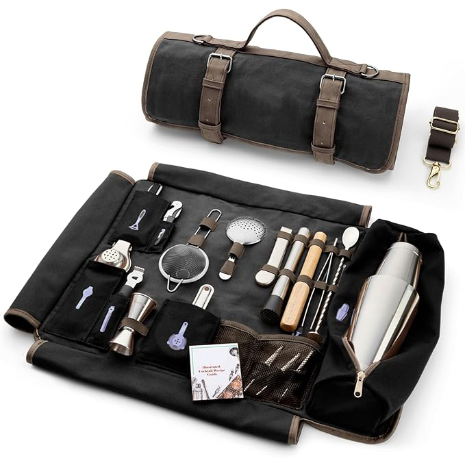 Bartender's tool kit, including cocktail shaker set