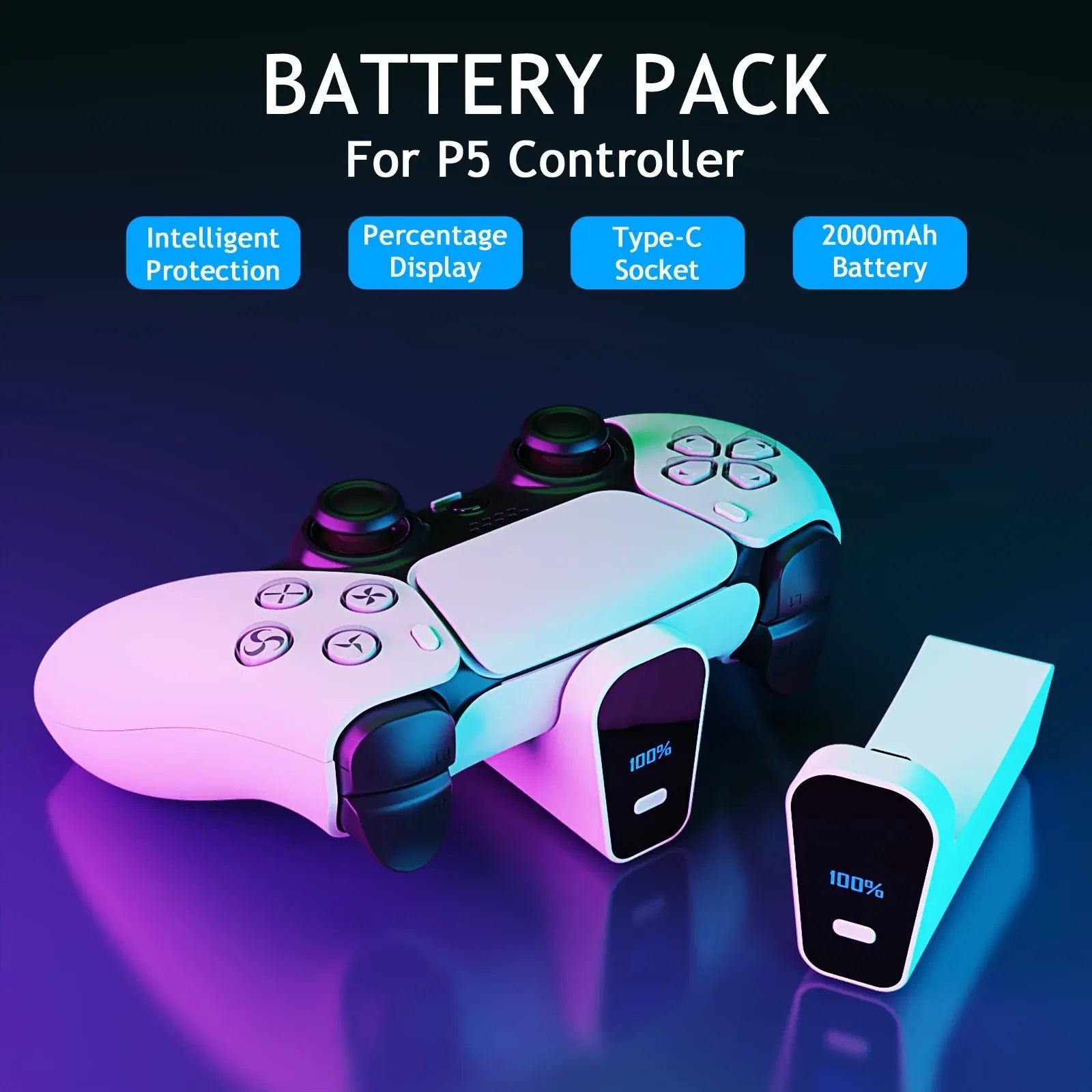 2000mAh Rechargeable Battery for PS5 Controller with USB-C Fast Charging, LED Indicator