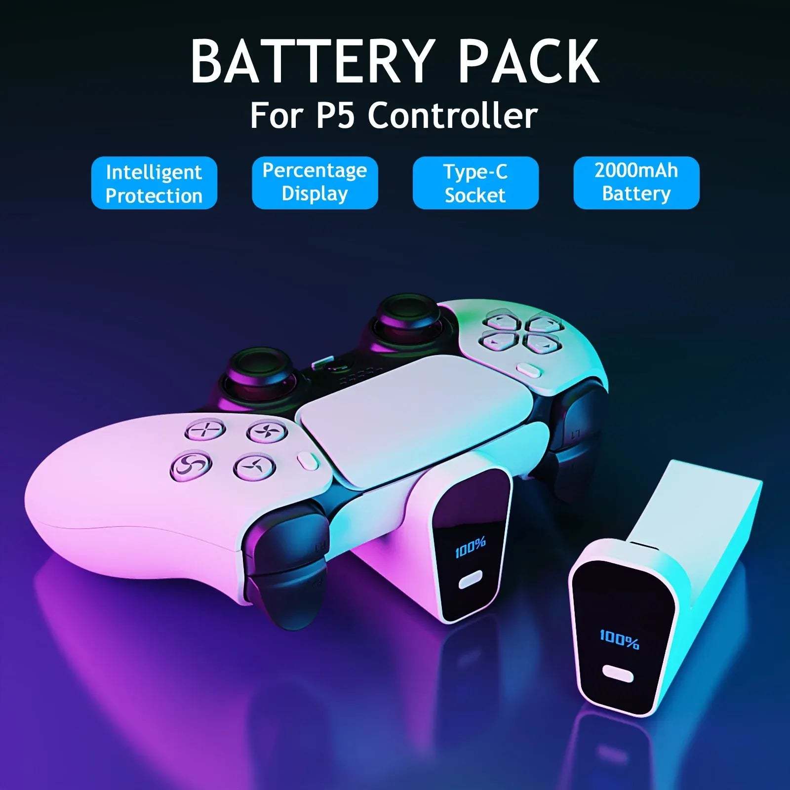 2000mAh Rechargeable Battery for PS5 Controller with USB-C Fast Charging, LED Indicator