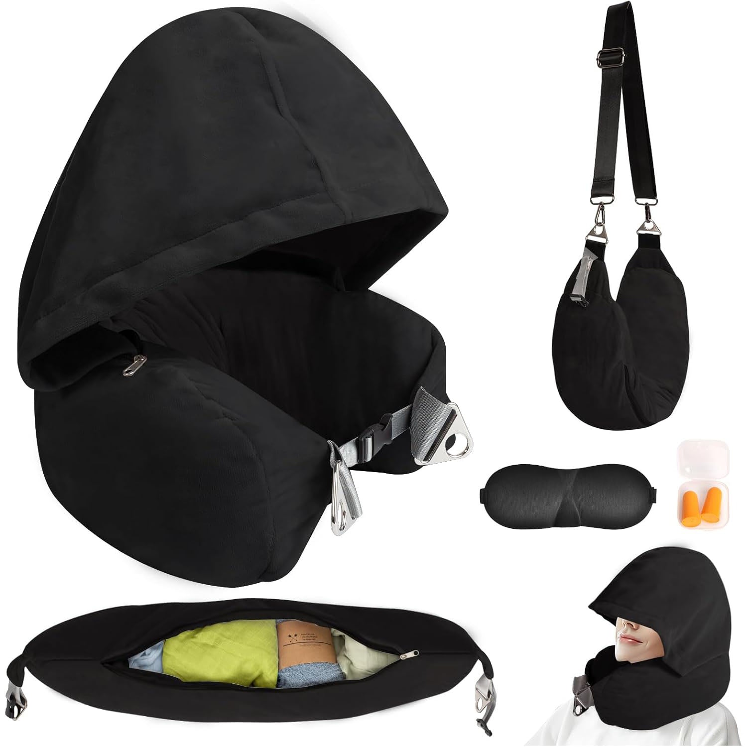 Hooded Travel Neck Pillow – Adjustable Velvet Travel Pillow with Earplugs and Eye Mask