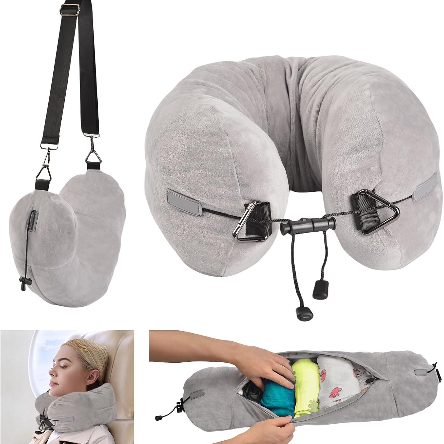 Hooded Travel Neck Pillow – Adjustable Velvet Travel Pillow with Earplugs and Eye Mask