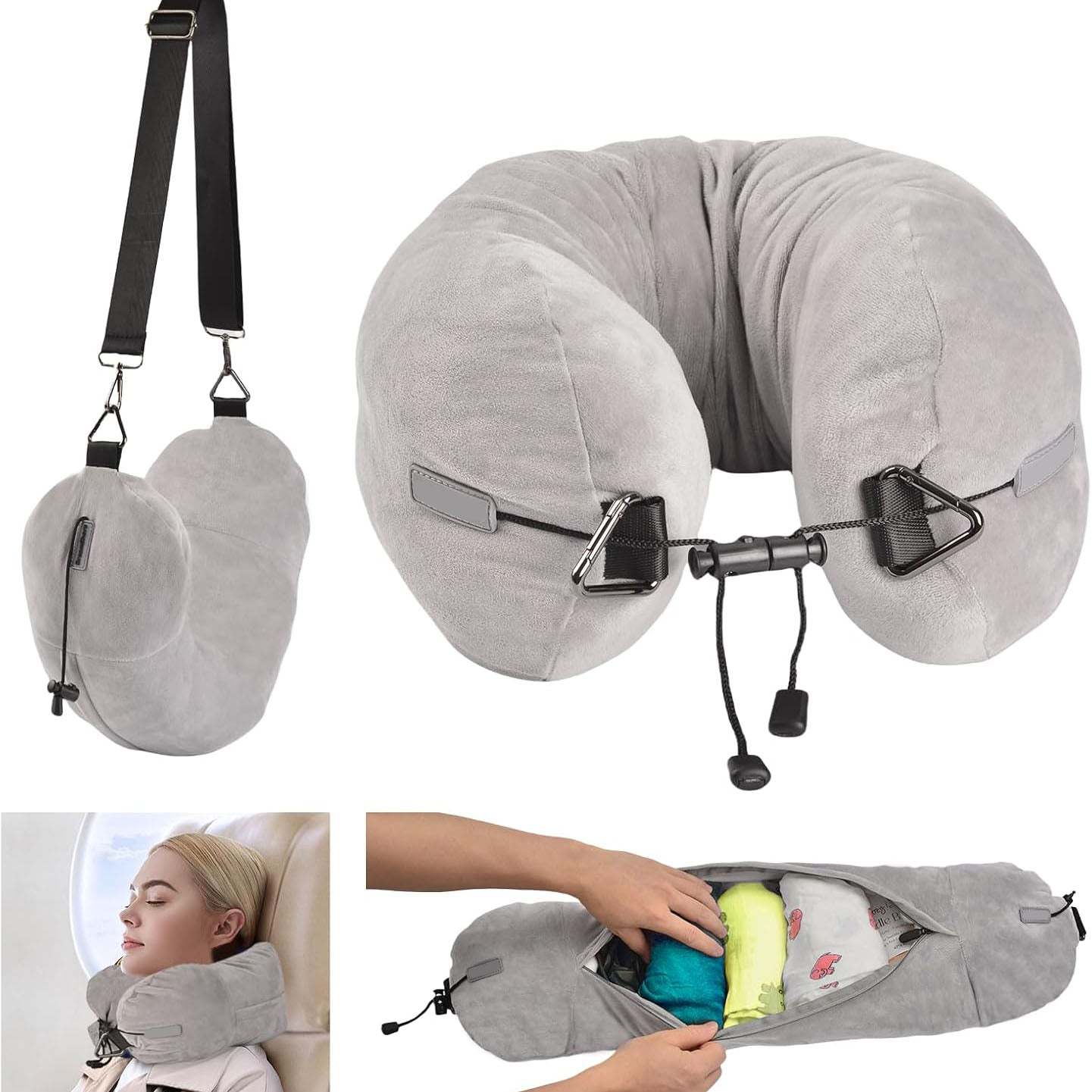 Hooded Travel Neck Pillow – Adjustable Velvet Travel Pillow with Earplugs and Eye Mask