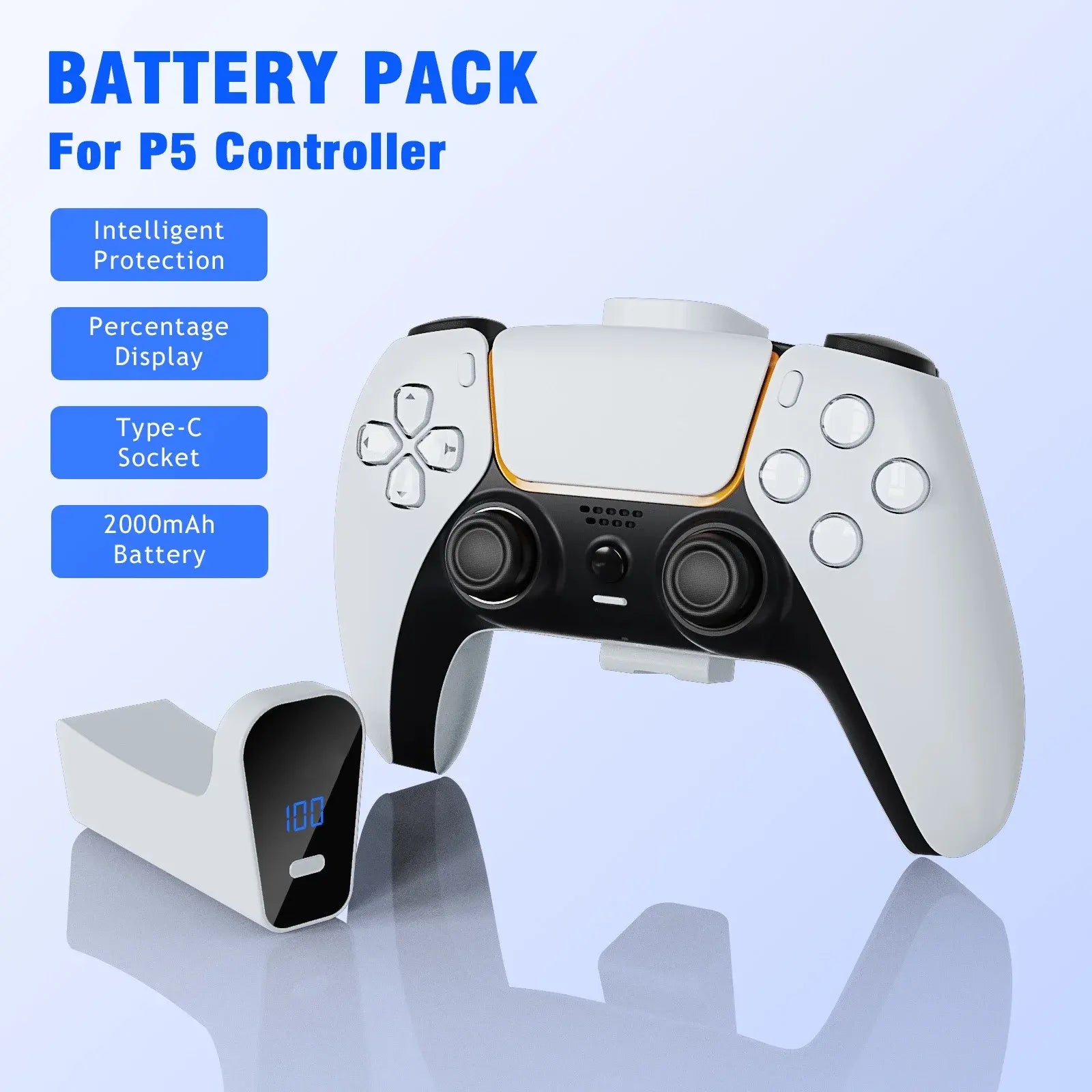 2000mAh Rechargeable Battery for PS5 Controller with USB-C Fast Charging, LED Indicator