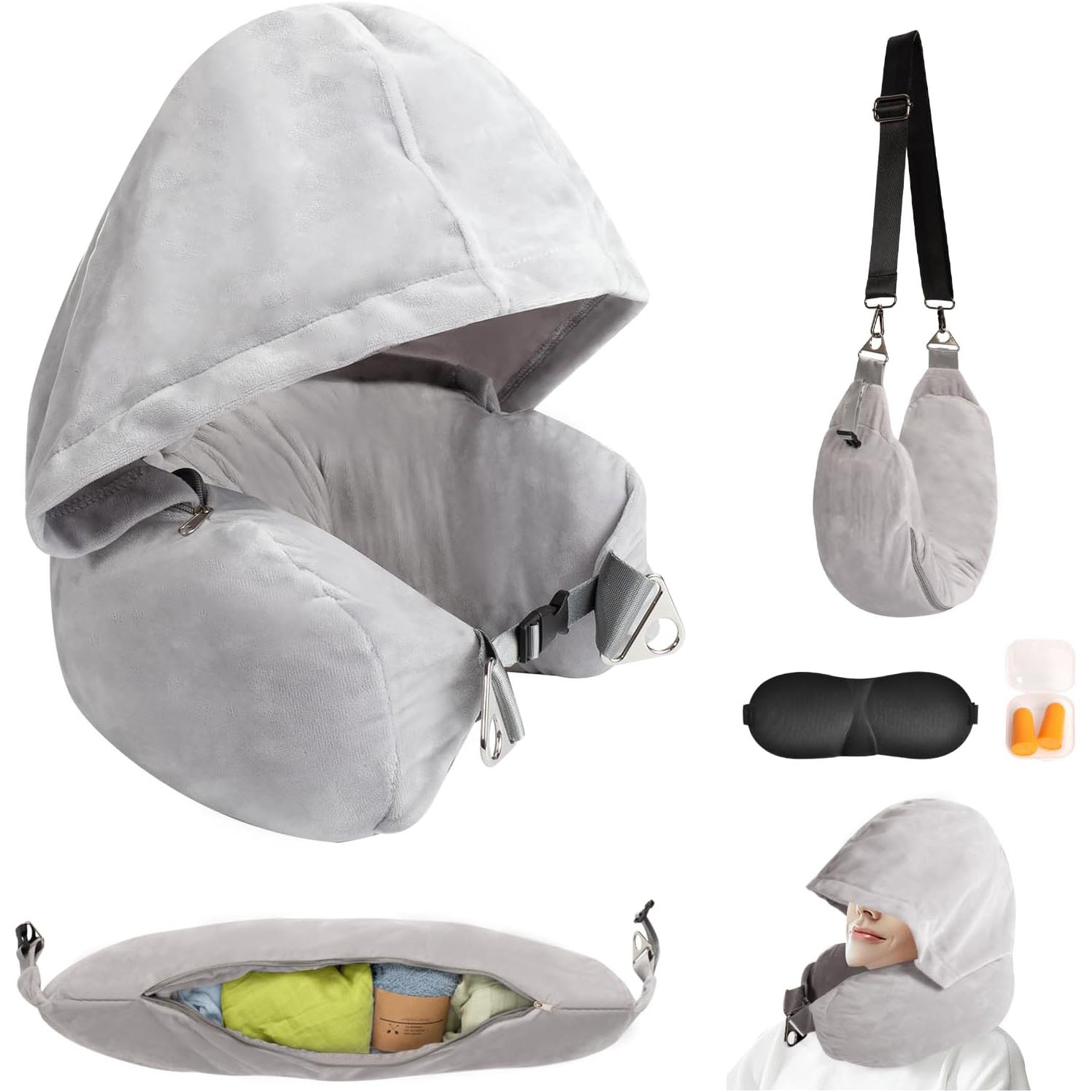 Hooded Travel Neck Pillow – Adjustable Velvet Travel Pillow with Earplugs and Eye Mask