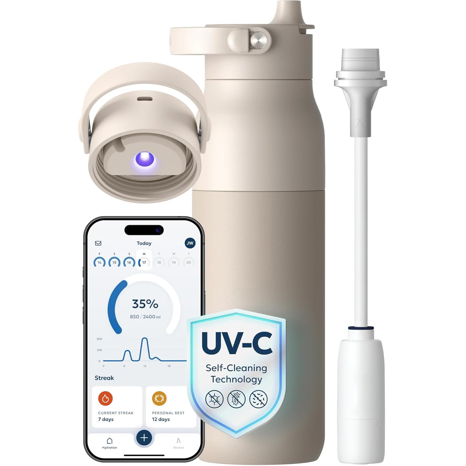 Self-Cleaning Water Bottle – UV Purifier with Filter Straw & Smart App Tracking