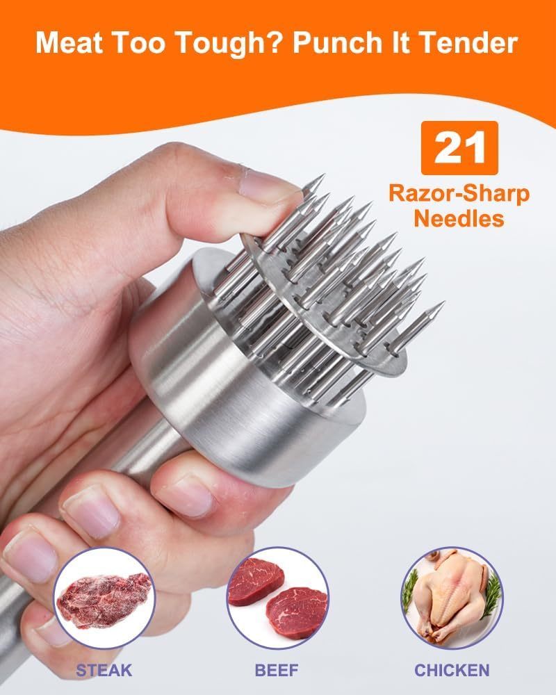 Meat Tenderizer, 304 Stainless Steel with 21 Needle Heads & Retractable Safety Guard