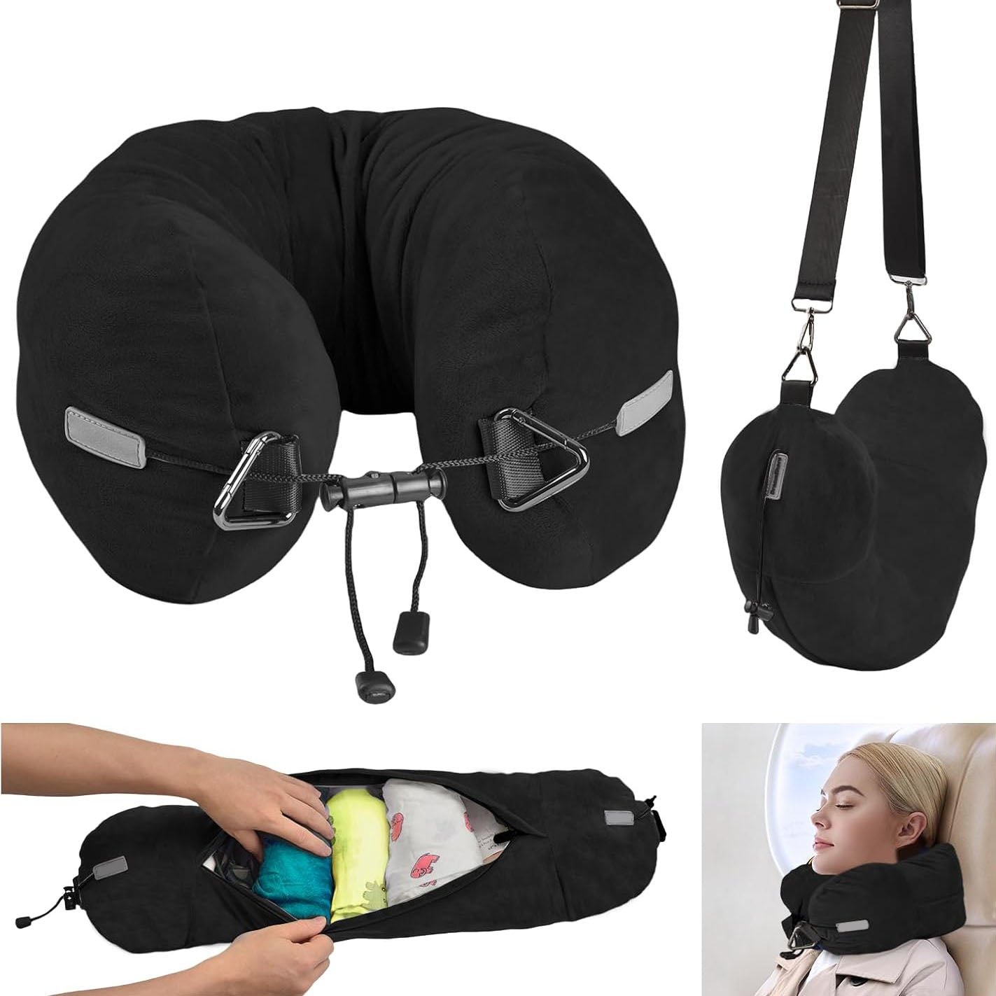 Hooded Travel Neck Pillow – Adjustable Velvet Travel Pillow with Earplugs and Eye Mask