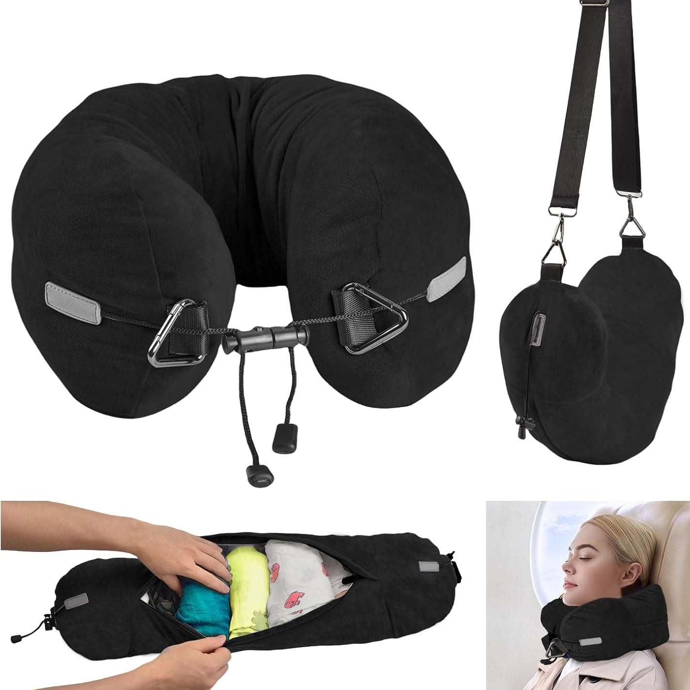 Hooded Travel Neck Pillow – Adjustable Velvet Travel Pillow with Earplugs and Eye Mask
