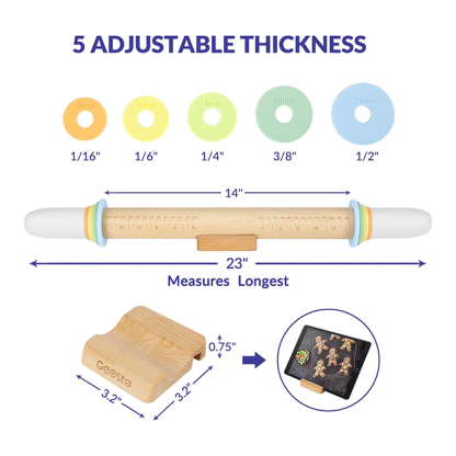 Adjustable wooden rolling pin with 5 thickness rings and a measuring guide