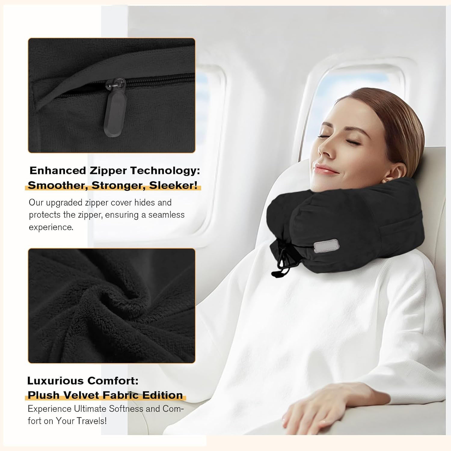 Hooded Travel Neck Pillow – Adjustable Velvet Travel Pillow with Earplugs and Eye Mask