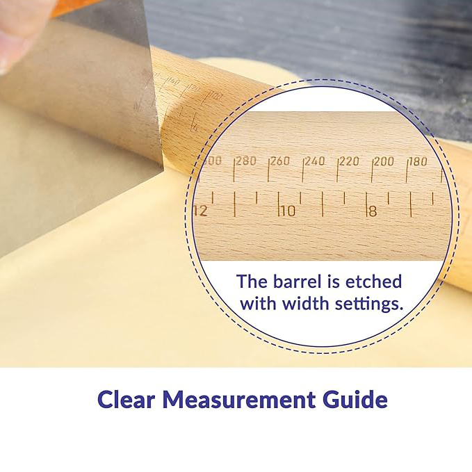 Adjustable wooden rolling pin with 5 thickness rings and a measuring guide