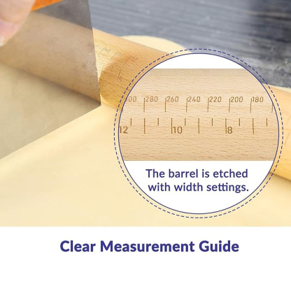 Adjustable wooden rolling pin with 5 thickness rings and a measuring guide