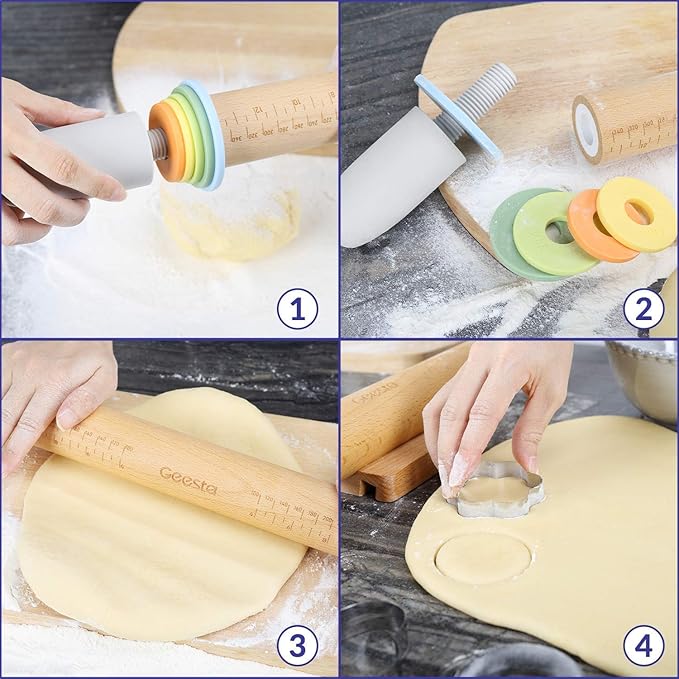 Adjustable wooden rolling pin with 5 thickness rings and a measuring guide