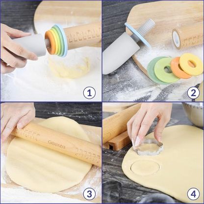 Adjustable wooden rolling pin with 5 thickness rings and a measuring guide