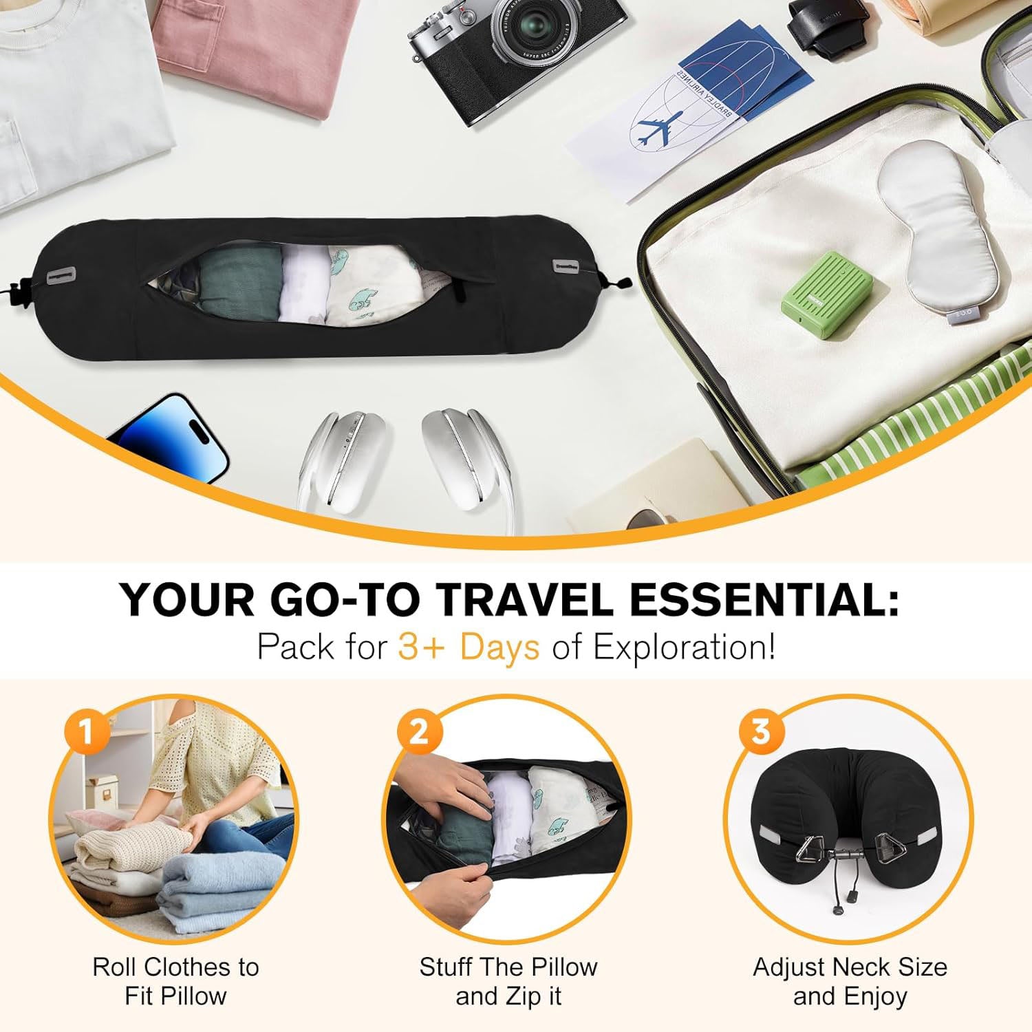 Hooded Travel Neck Pillow – Adjustable Velvet Travel Pillow with Earplugs and Eye Mask