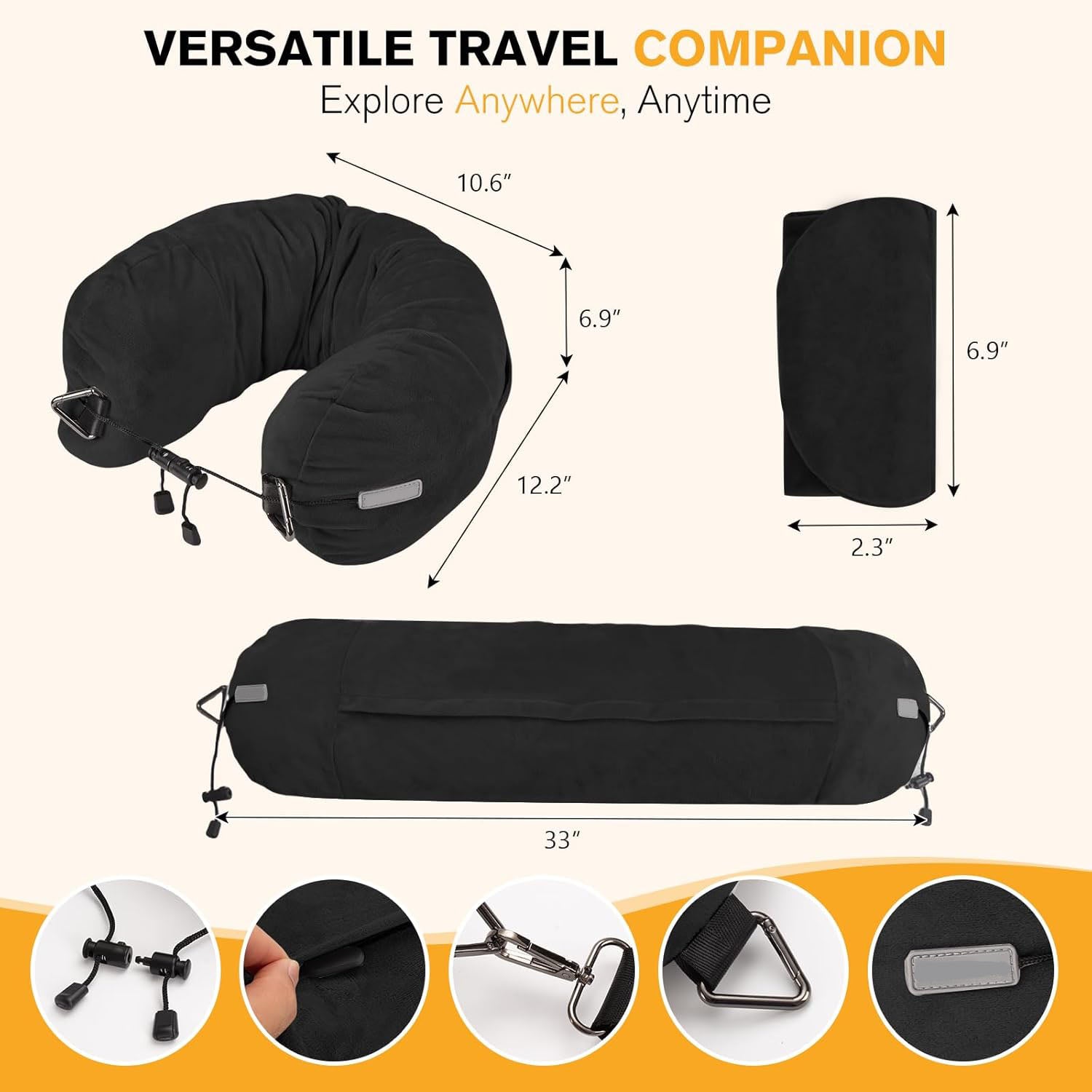 Hooded Travel Neck Pillow – Adjustable Velvet Travel Pillow with Earplugs and Eye Mask
