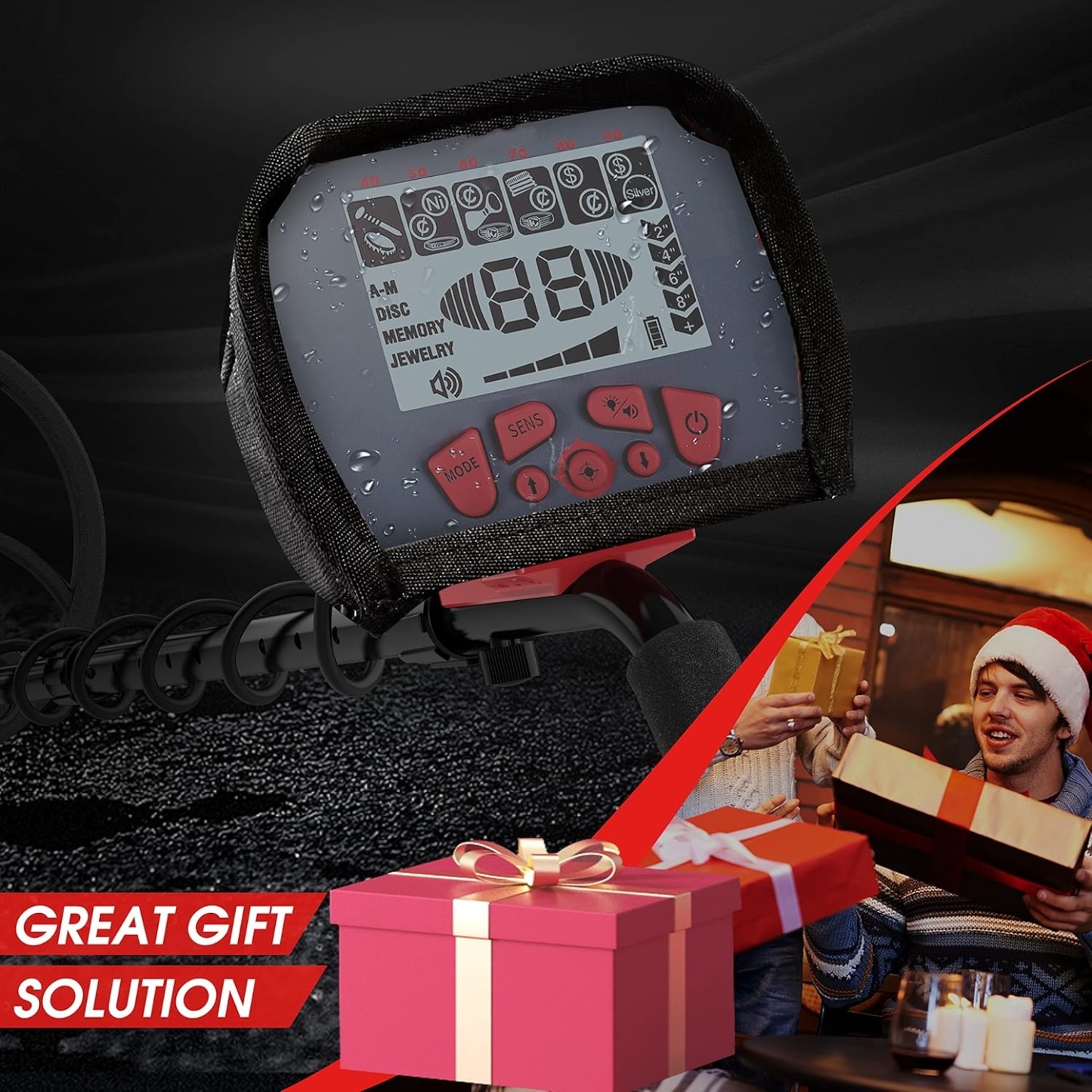 Waterproof metal detector, high-precision waterproof LCD display, suitable for adults and children, black detection coil, red