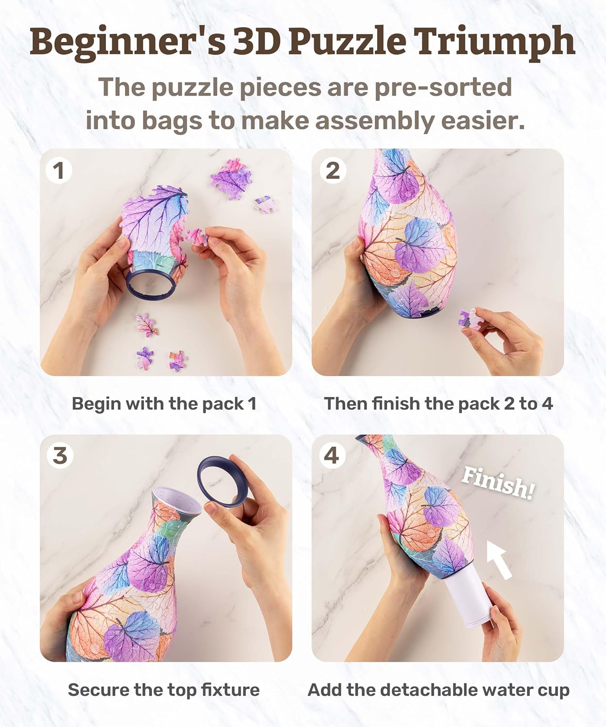 The 3D puzzle vase is made of 160 curved plastic puzzle pieces