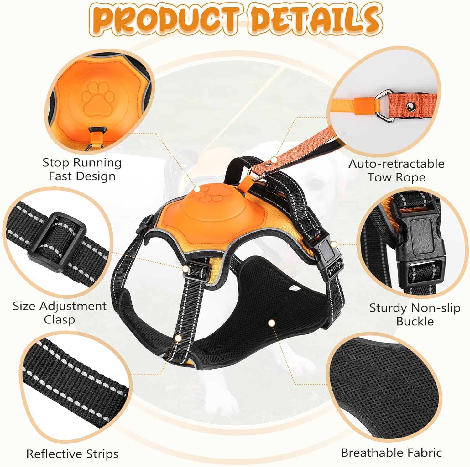 Dog Harness with Retractable Lead – Reflective Anti-Pull Non-Choking Harness with Easy Control Handle, XL