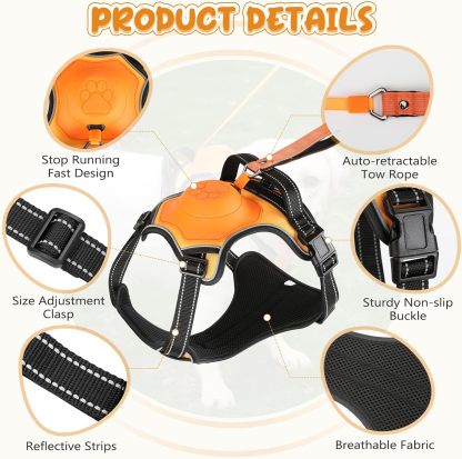 Dog Harness with Retractable Lead – Reflective Anti-Pull Non-Choking Harness with Easy Control Handle, XL
