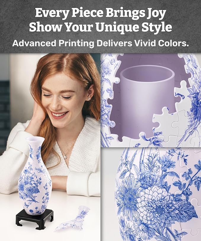 The 3D puzzle vase is made of 160 curved plastic puzzle pieces