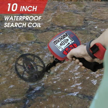 Waterproof metal detector, high-precision waterproof LCD display, suitable for adults and children, black detection coil, red