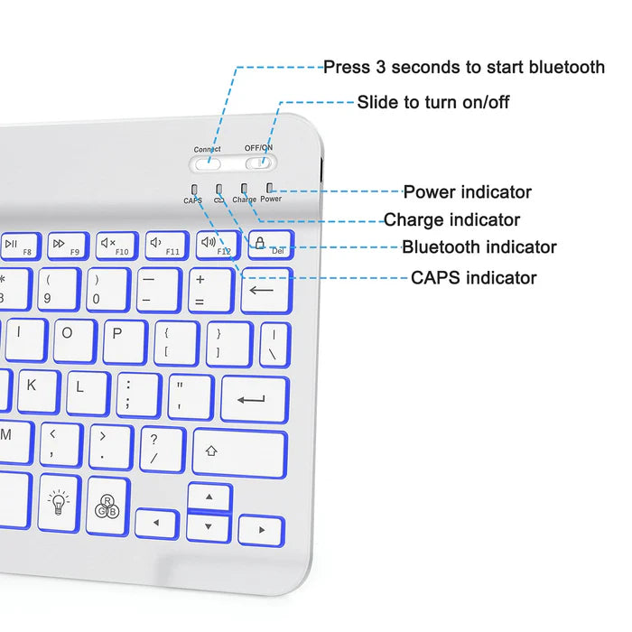 Wireless Bluetooth Keyboard with 7-Color LED Backlight, Compact and Portable, Perfect