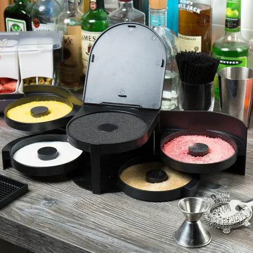 Glass Rimming Station with 5 Rotating Trays – BPA-Free Cocktail Rimming Tray Set