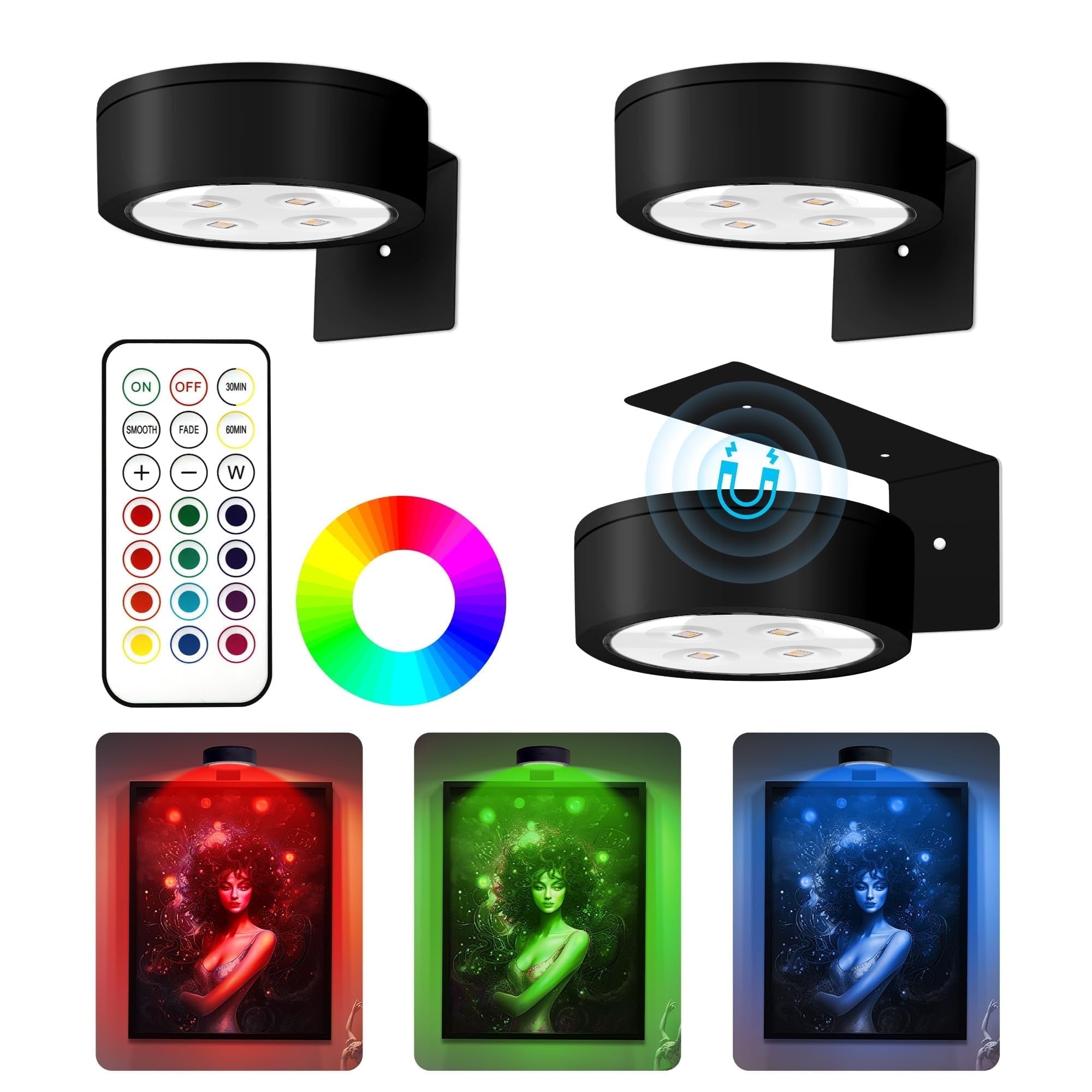 3PCS Magnetic LED Picture Lights for Wall – Remote Dimmable with Timer & 13 Lighting Modes