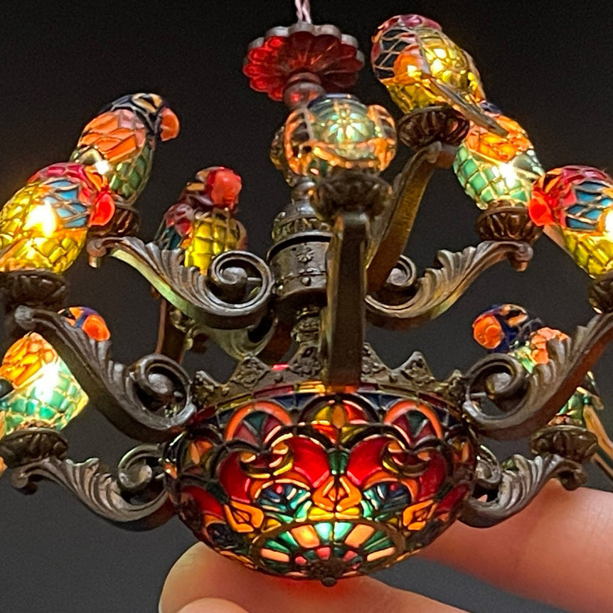 Mini Tiffany Style Two-Tier Parrot Chandelier – Dollhouse Miniature