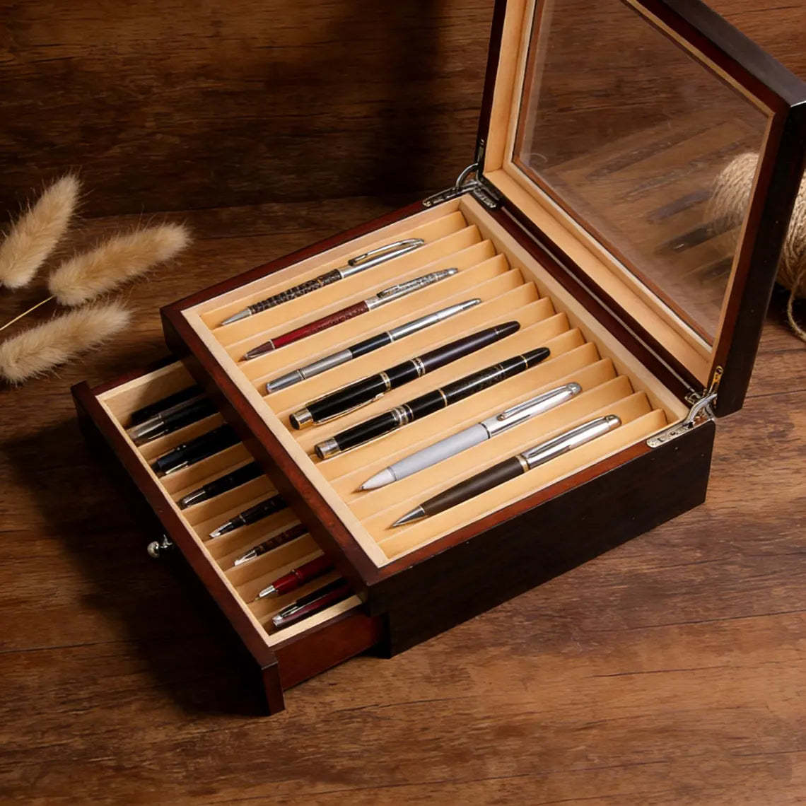 Two Layers 23 Slots Black Pen Case – Custom Wooden Pen Box & Desk Organizer