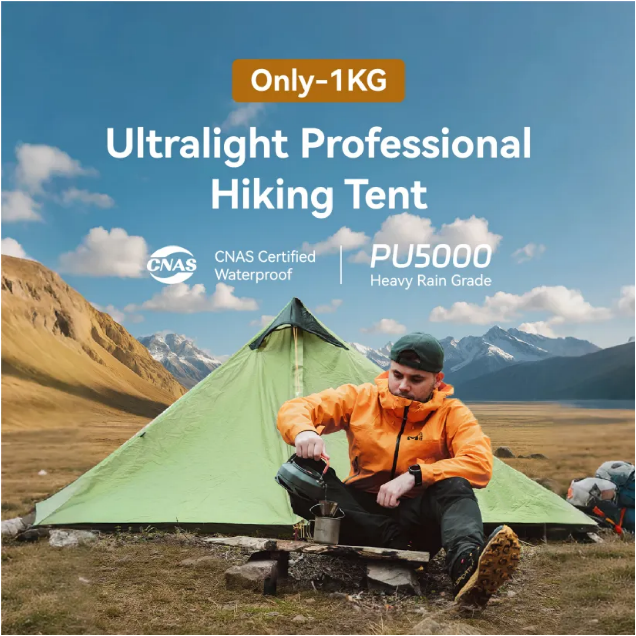 Ultralight 1-Person Tent – 1.08kg, Waterproof, Trekking Pole Supported