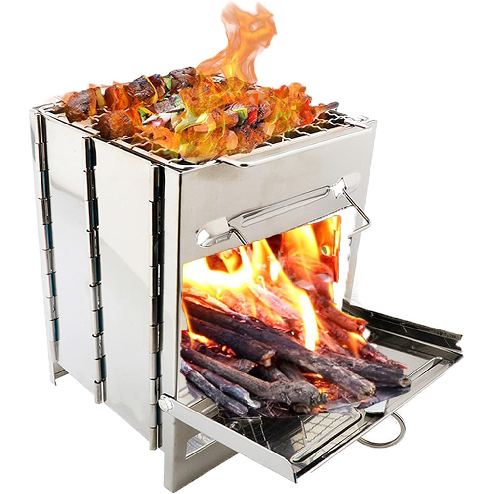 Portable wood-fired stove with grill