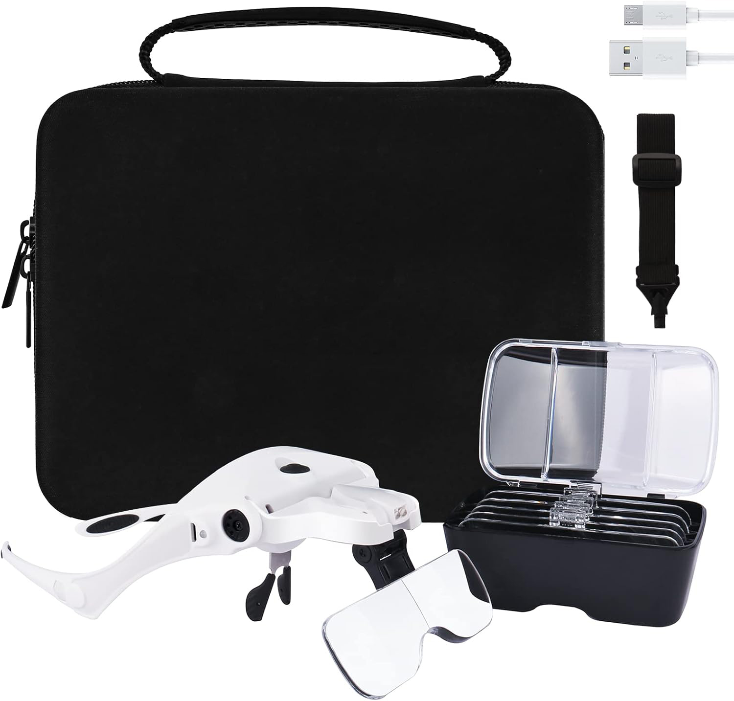 Rechargeable Head Magnifying Glasses with LED Light, 5 Interchangeable Lenses 1X–3.5X, Hands-Free Magnifier for Reading, Crafts, Repair