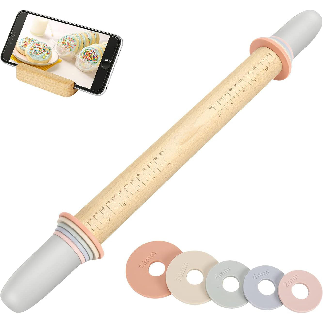 Adjustable Wooden Rolling Pin with 5 Thickness Rings