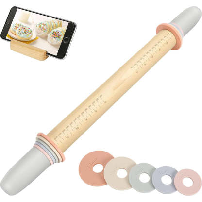 Adjustable Wooden Rolling Pin with 5 Thickness Rings