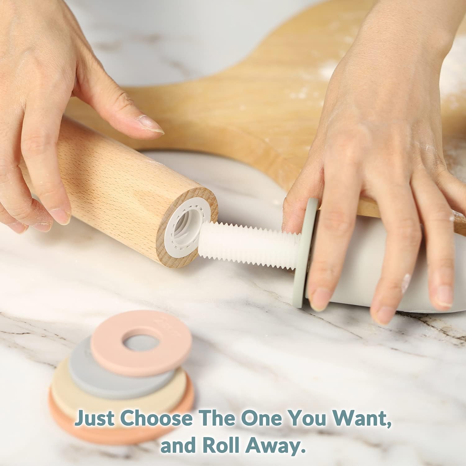Adjustable Wooden Rolling Pin with 5 Thickness Rings