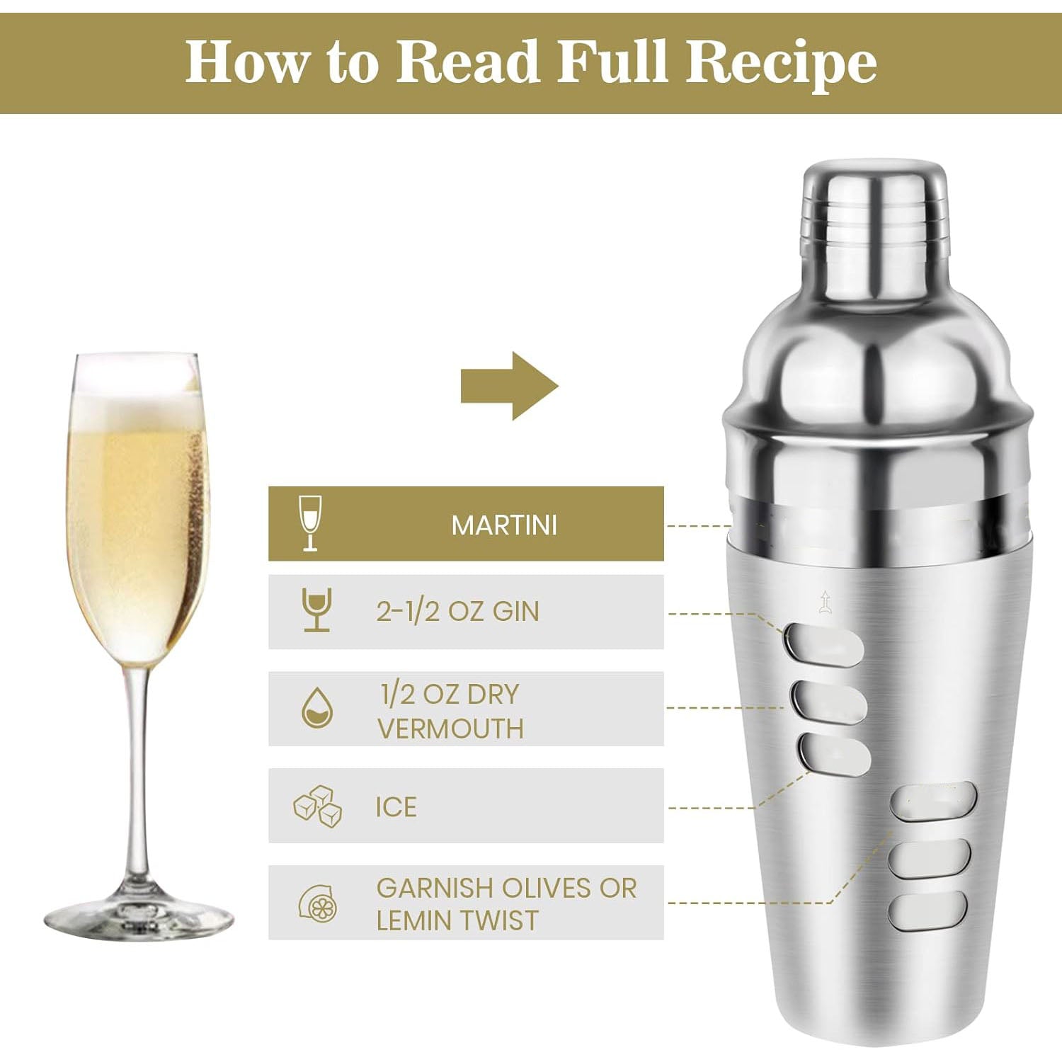 Cocktail Shaker – Recipe Shaker with 8 Built-In Drink Recipes