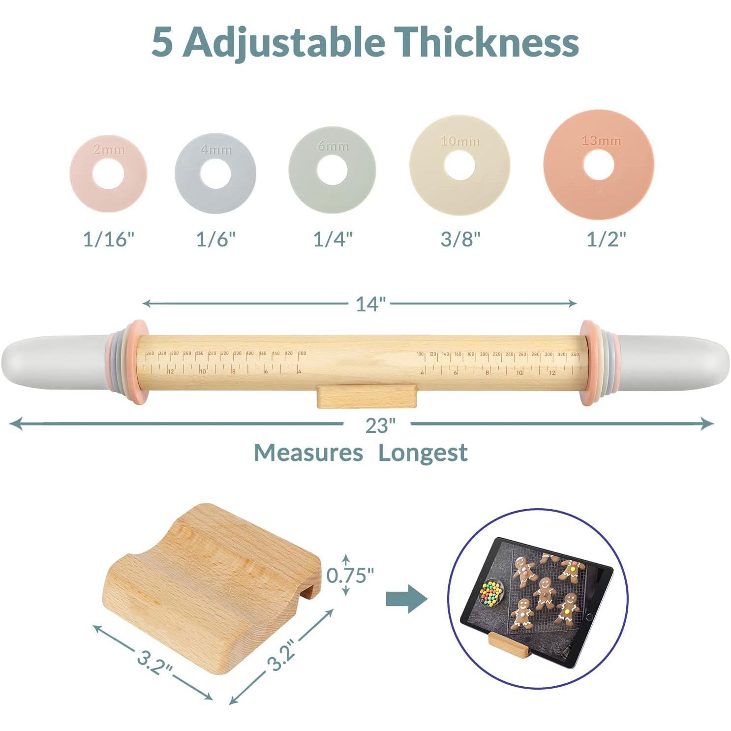 Adjustable Wooden Rolling Pin with 5 Thickness Rings