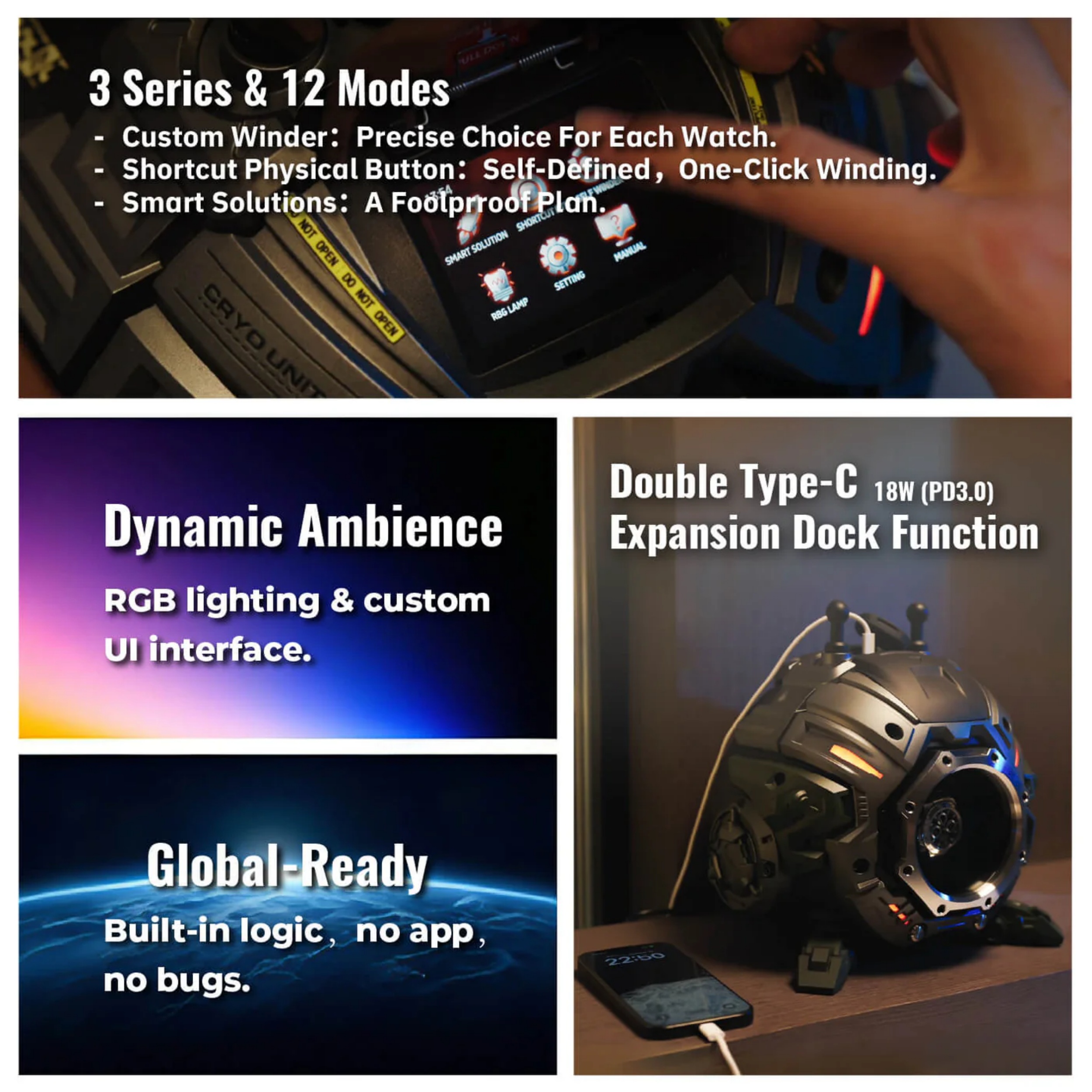 Gravity Furnace Cyber‑Mecha Watch Winder – Robot Arm, Touchscreen & USB‑C