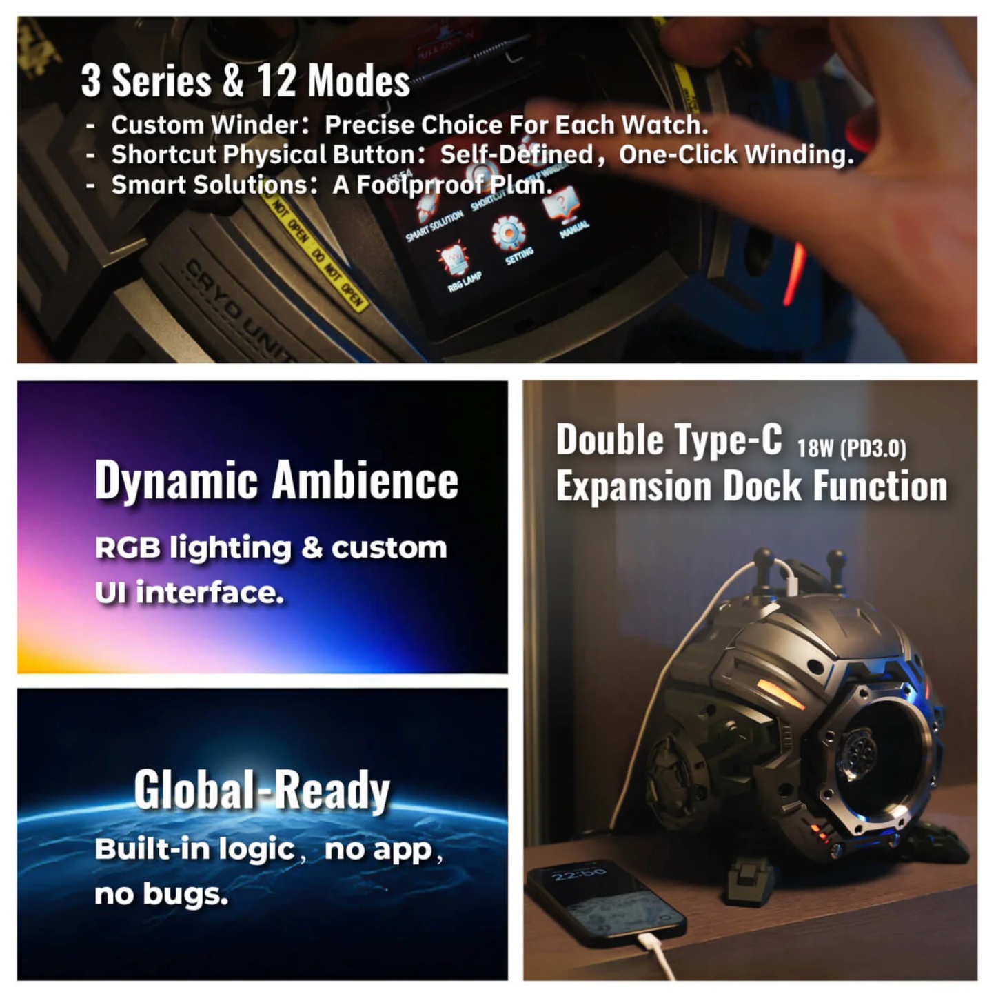 Gravity Furnace Cyber‑Mecha Watch Winder – Robot Arm, Touchscreen & USB‑C