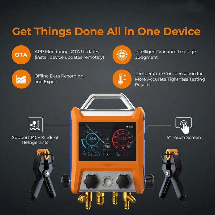 4‑Valve Digital Refrigeration Manifold – 5" Smart Touch Screen