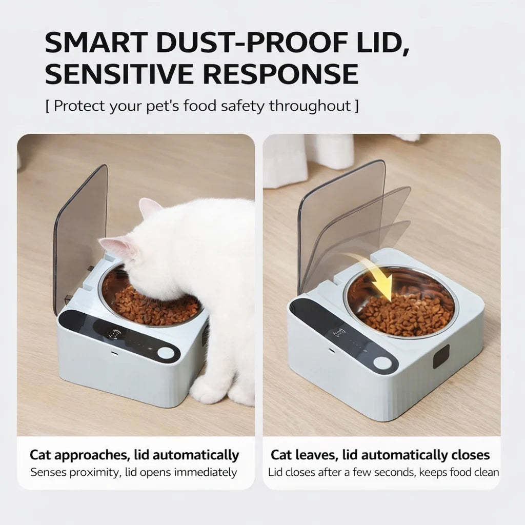 Smart Automatic Pet Feeder with Infrared Sensor Lid, Keeps Food Fresh and Clean
